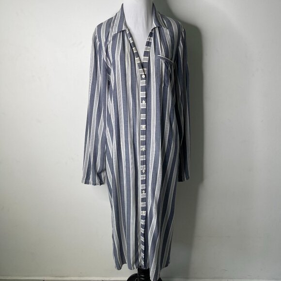 Sussan Women's Grey White Striped Long Sleeve Button Down Midi Dress Size Medium - Picture 1 of 10